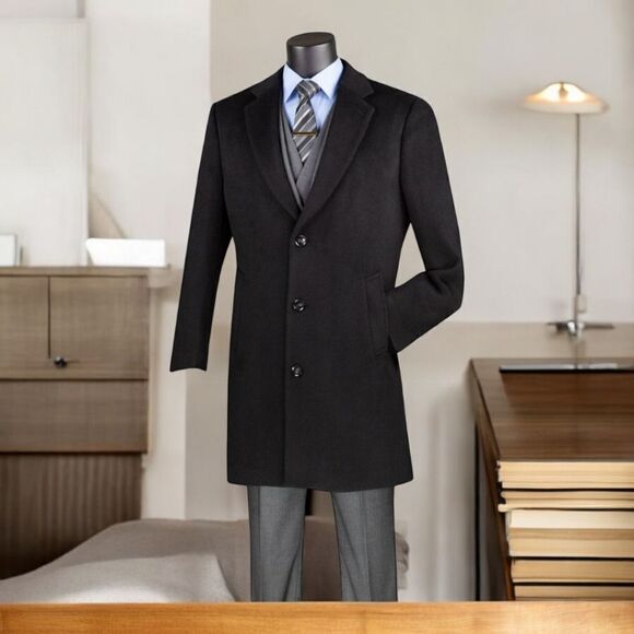 MEN'S VINCI 3/4 38" LENGTH BLACK CASHMERE BLEND TOP COAT. CL38 - Picture 1 of 2